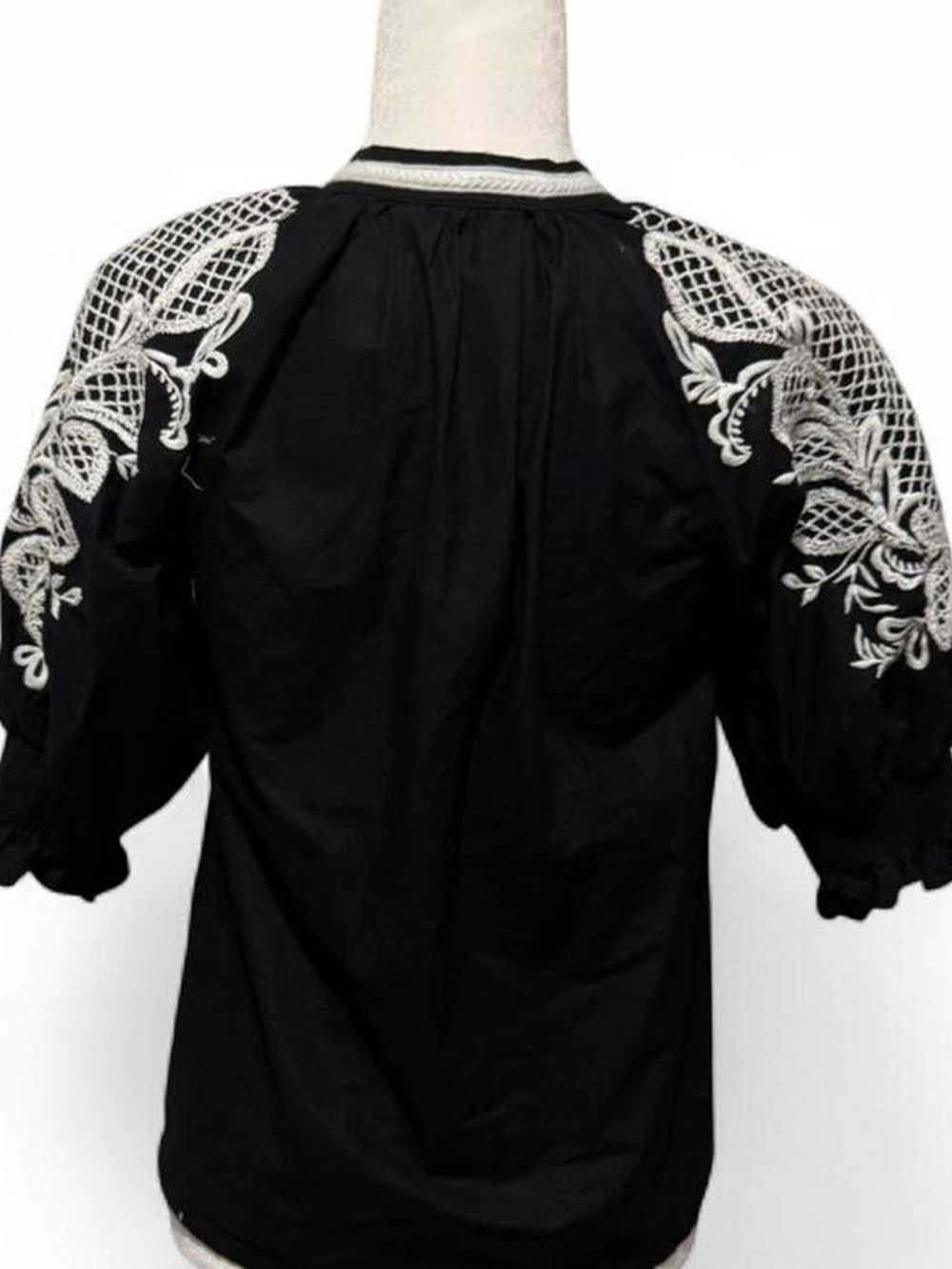 Maeve Embroidered Black Peasant Blouse with embroidery White Detail - Picture 6 of 8